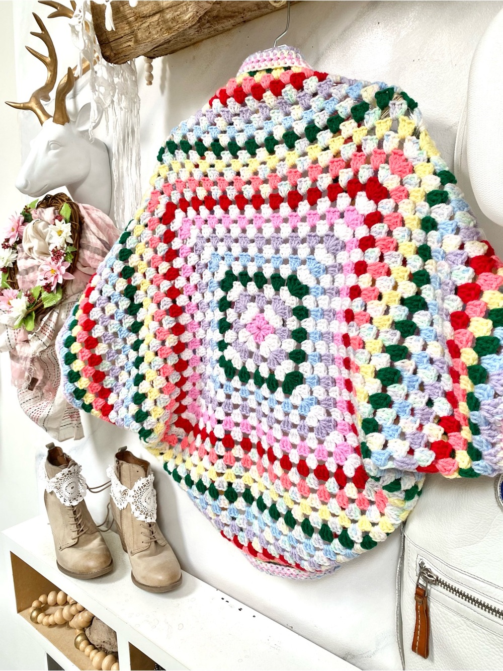 Handmade Multicolor Crochet Granny Square Sweater - Women